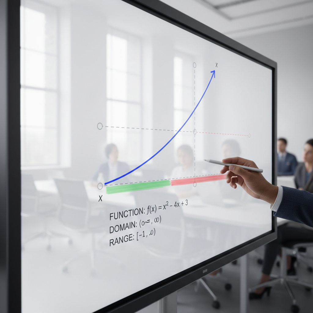 A hand pointing to a parabola graph on a digital screen, with its domain and range clearly illustrated.