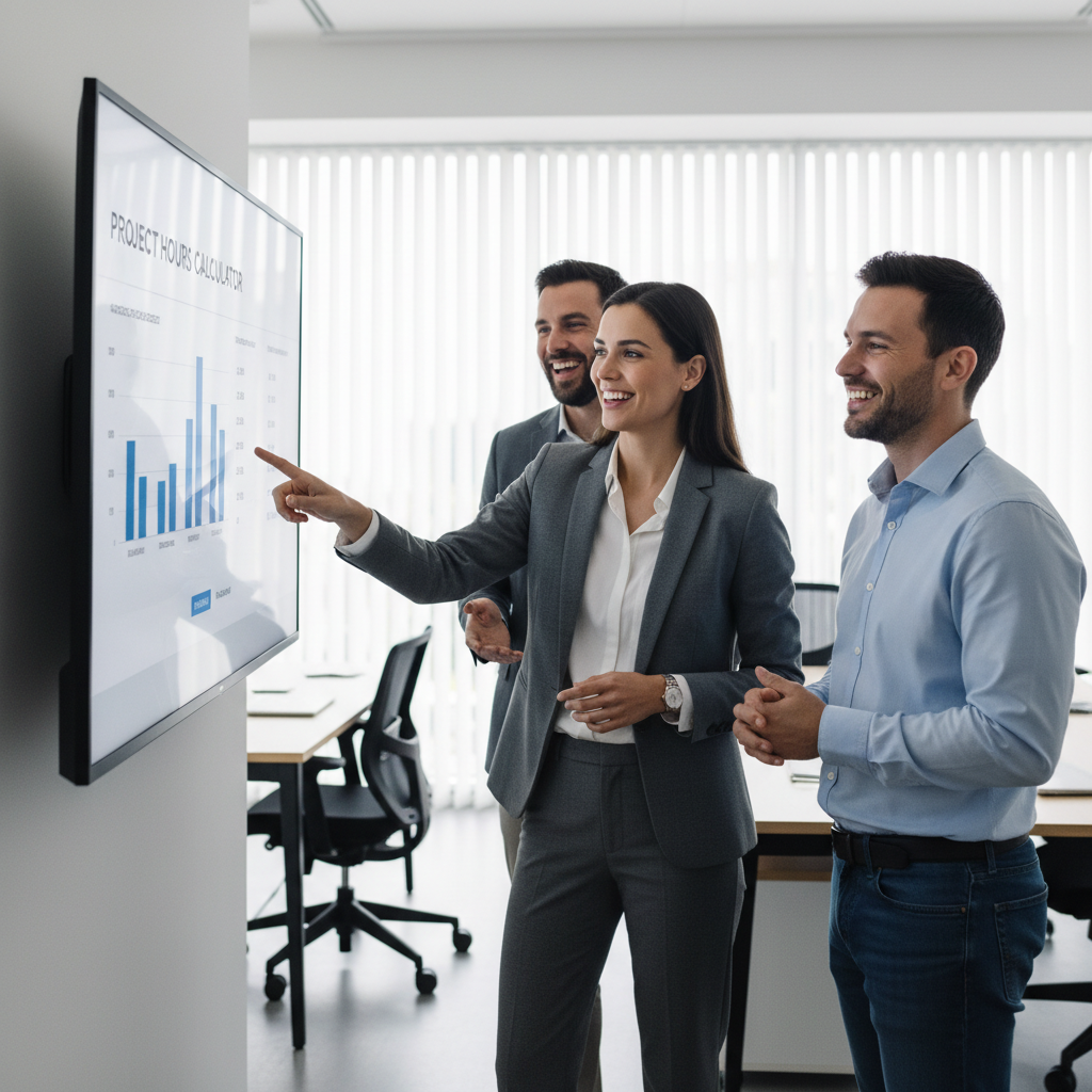 A happy and productive business team reviewing data on a monitor, reflecting benefits of an online hours calculator.