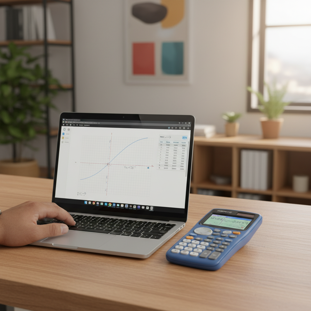 A laptop displaying a TI-84 calculator emulator on its screen next to a physical TI-84 Plus CE graphing calculator on a professional desk.