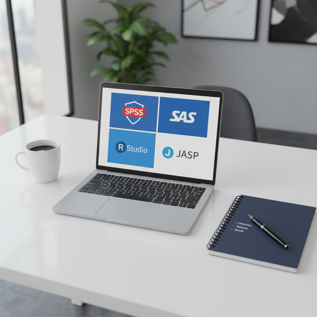 A laptop screen displaying a comparison of various statistical analysis software tools and their logos on a modern desk.