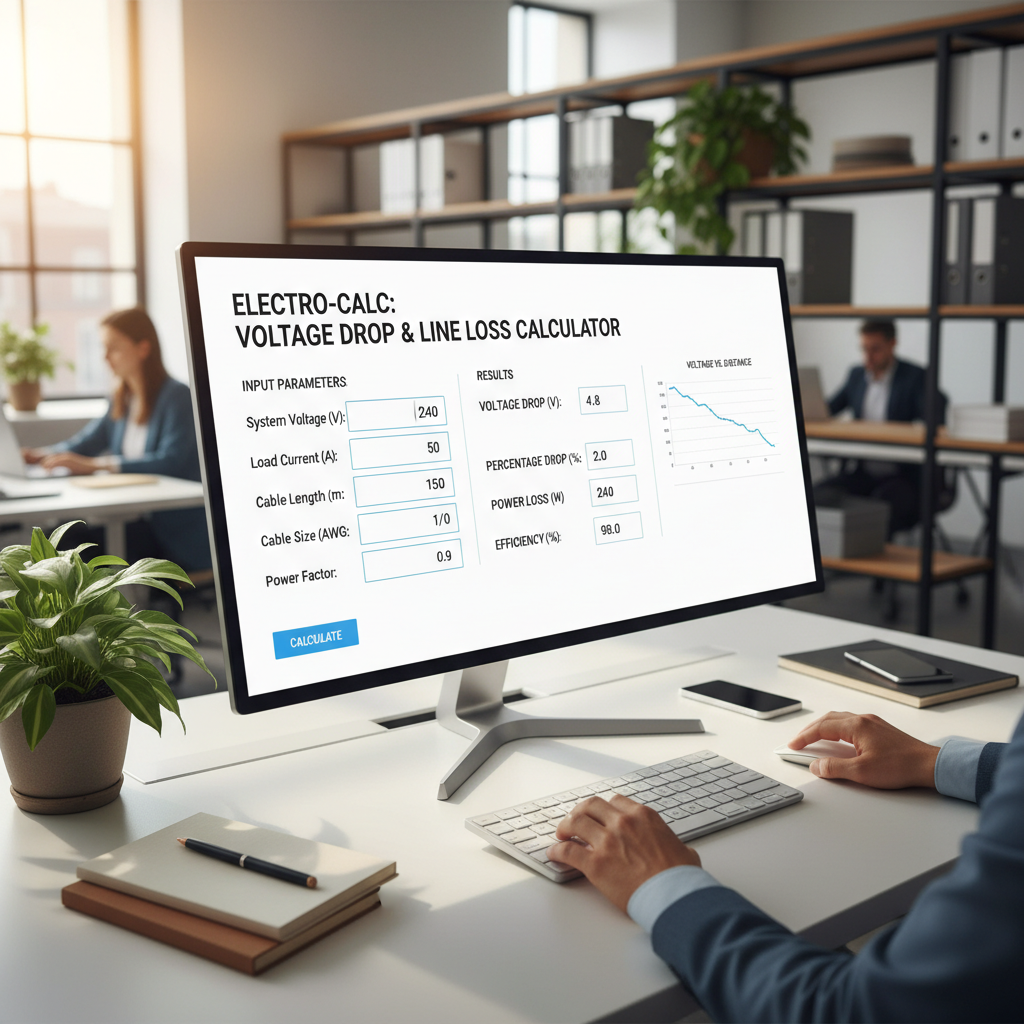 A laptop screen displaying an online voltage drop and line loss calculator interface on a professional desk.