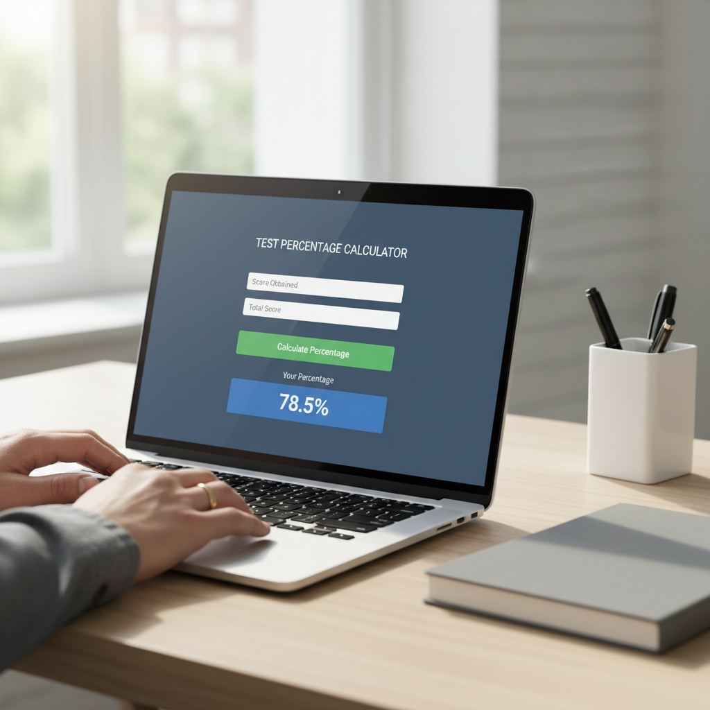 A laptop screen showing an online percentage calculator for tests, with a hand on the keyboard.