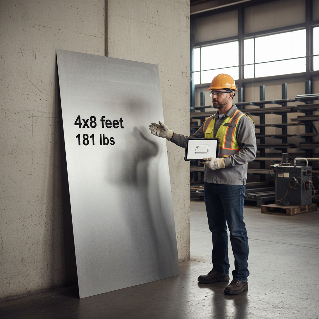 A large 4x8 foot sheet of 10 gauge steel in a warehouse, with a worker standing nearby.