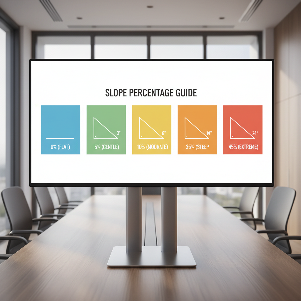 A large screen in a boardroom displaying a detailed, professional chart that visually compares various slope percentages with their corresponding angles.
