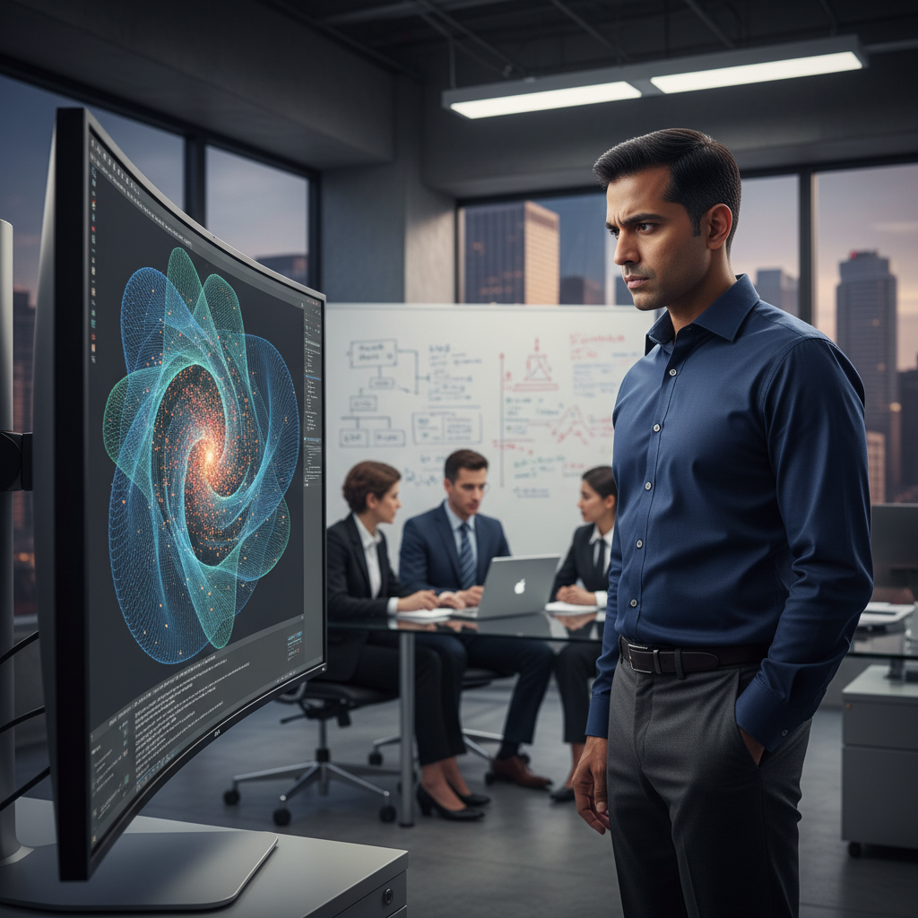 A male engineer intently reviews an advanced Desmos visualization on a large computer screen, displaying complex mathematical concepts.