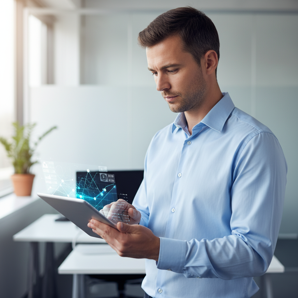 A male professional thoughtfully examining data on a digital tablet.