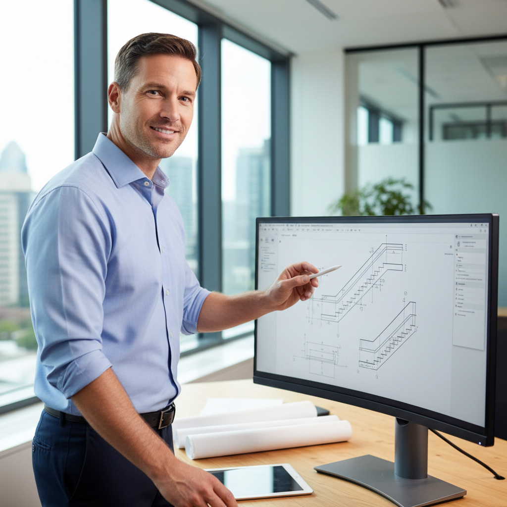A male project manager efficiently using a computer to review staircase plans in a modern office.