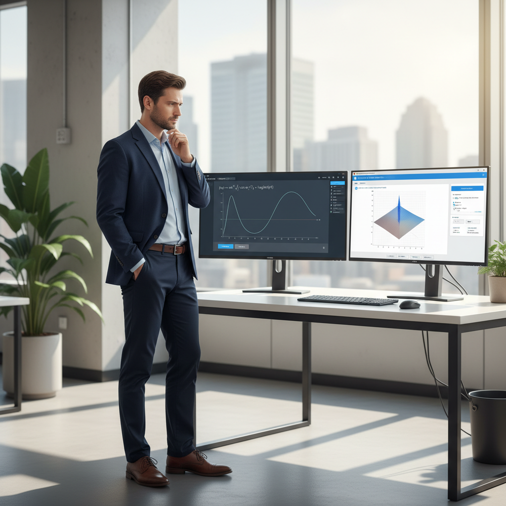 A man compares two different equation solver interfaces displayed side-by-side on large monitors.