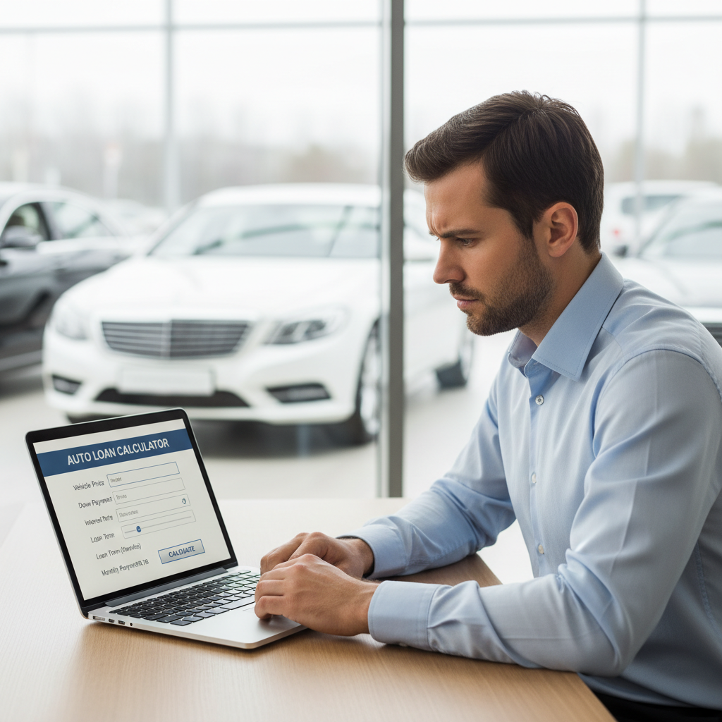 A man reviews an auto loan calculation on a laptop in a modern office.