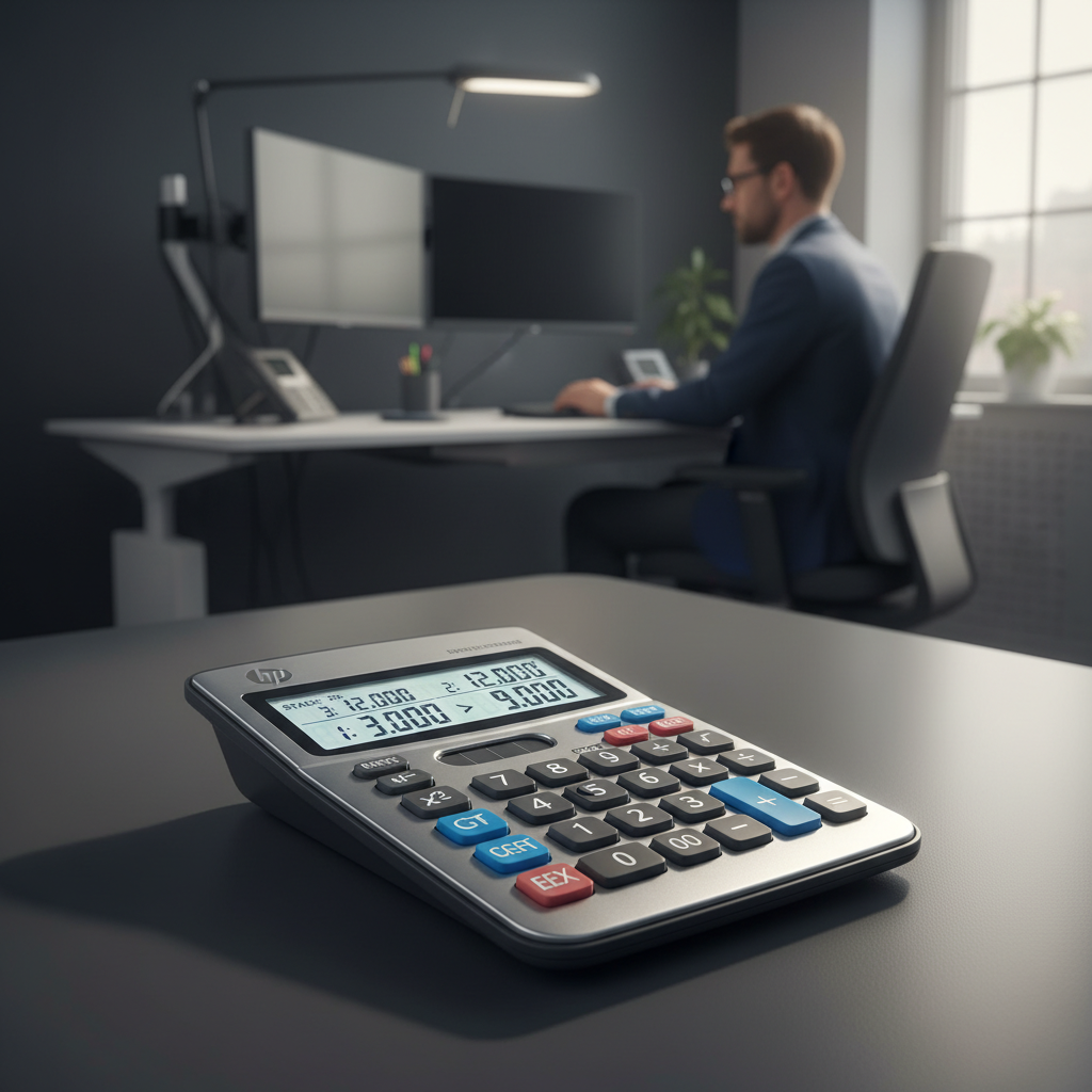 A modern RPN calculator on a desk, displaying a calculation, with a professional working in the background.