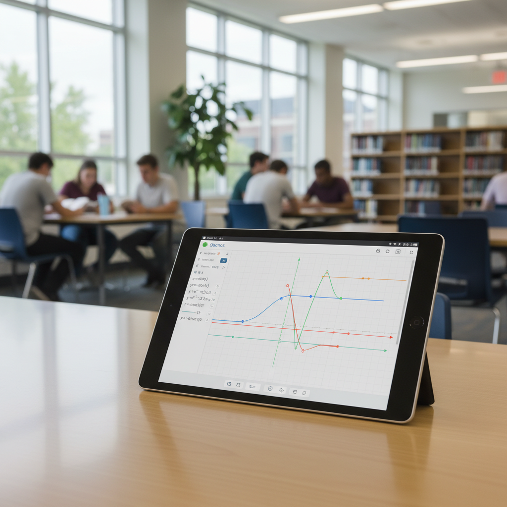 A modern tablet displaying the Desmos graphing calculator interface on a wooden desk in a bright, contemporary study environment.