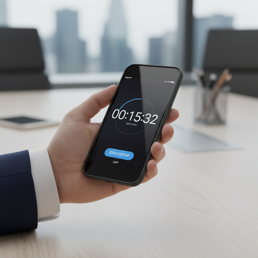 A person holds a modern smartphone displaying a digital stopwatch app with elapsed time on its screen.