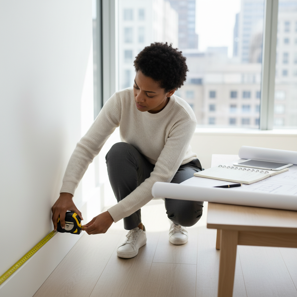 A person measuring a room with a tape measure, with a blueprint and notebook on a table, illustrating room area calculation.
