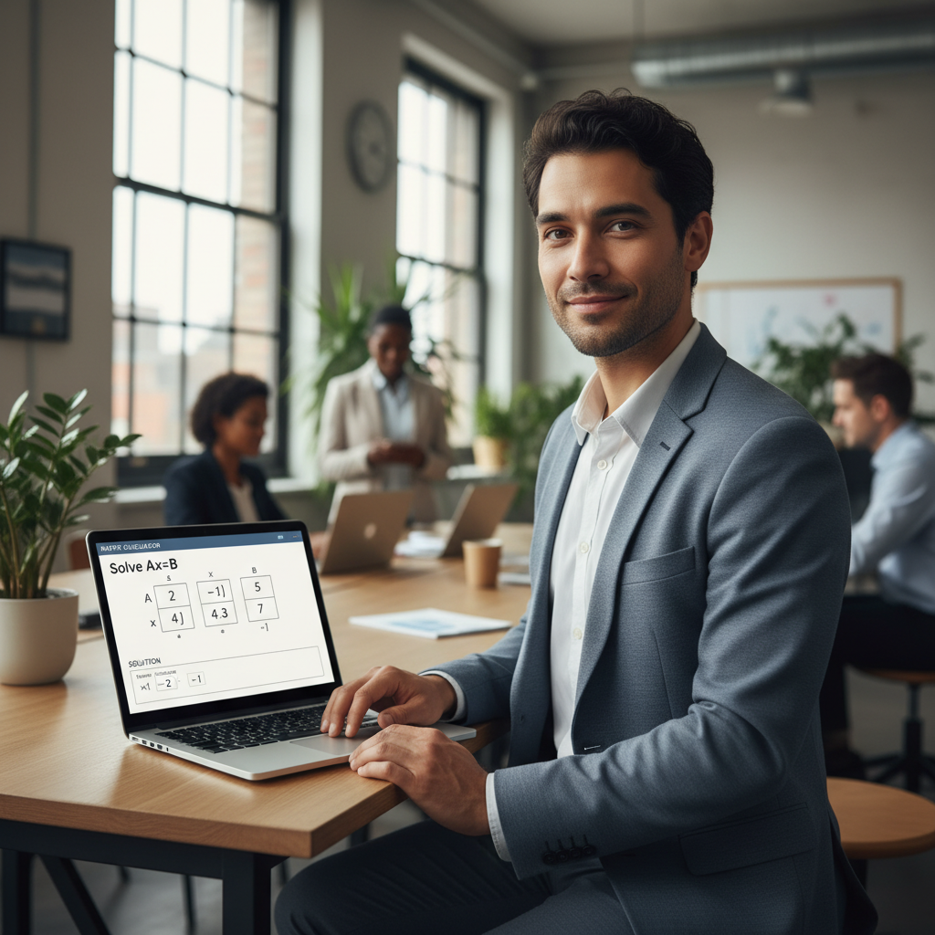 A person reviews results from the 'Solve Ax=B' matrix calculator on a laptop.