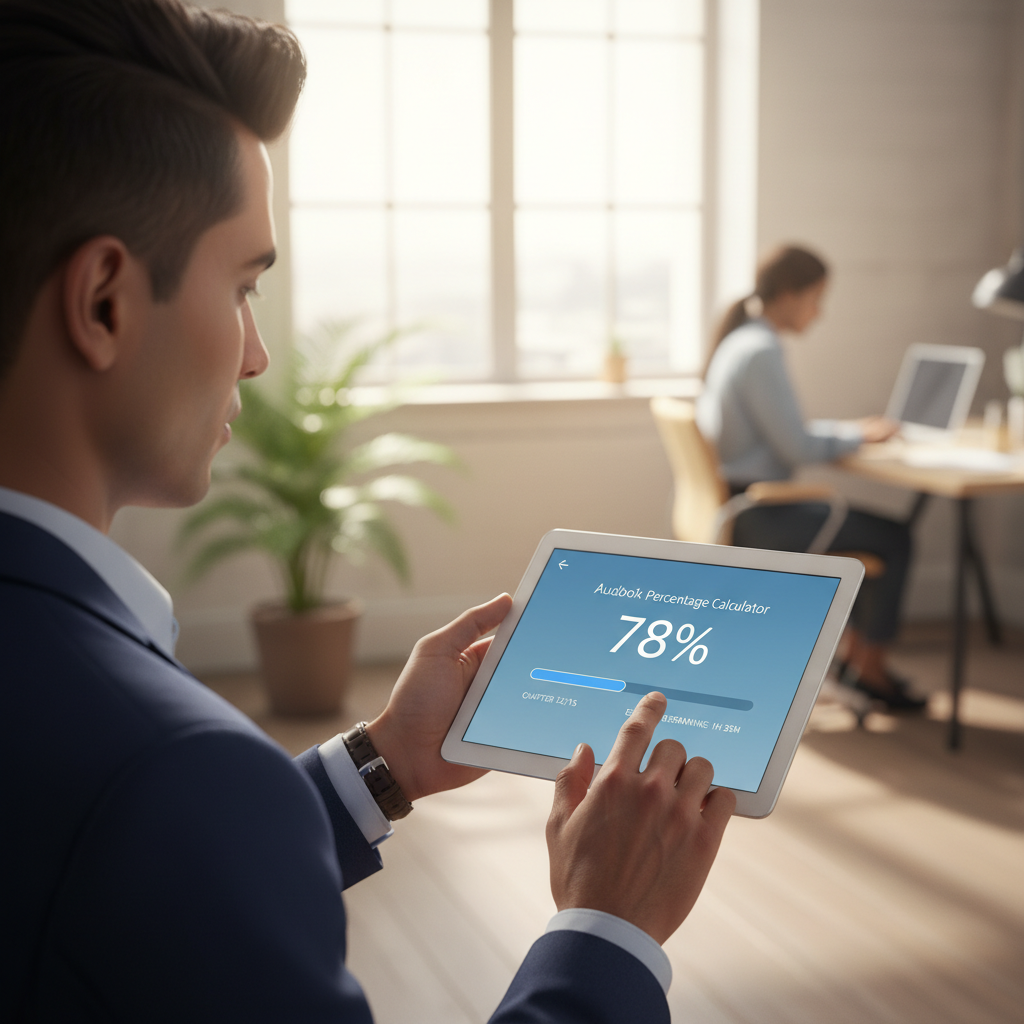 A person's hands interact with a tablet displaying an audiobook percentage calculator.