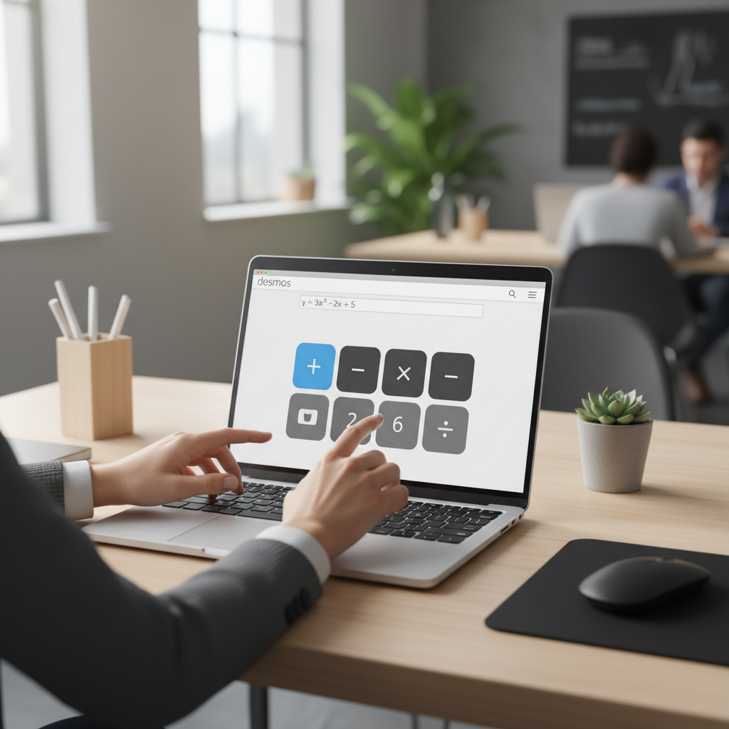 A person's hands operating the Desmos 4 function calculator on a laptop in a professional office setting.