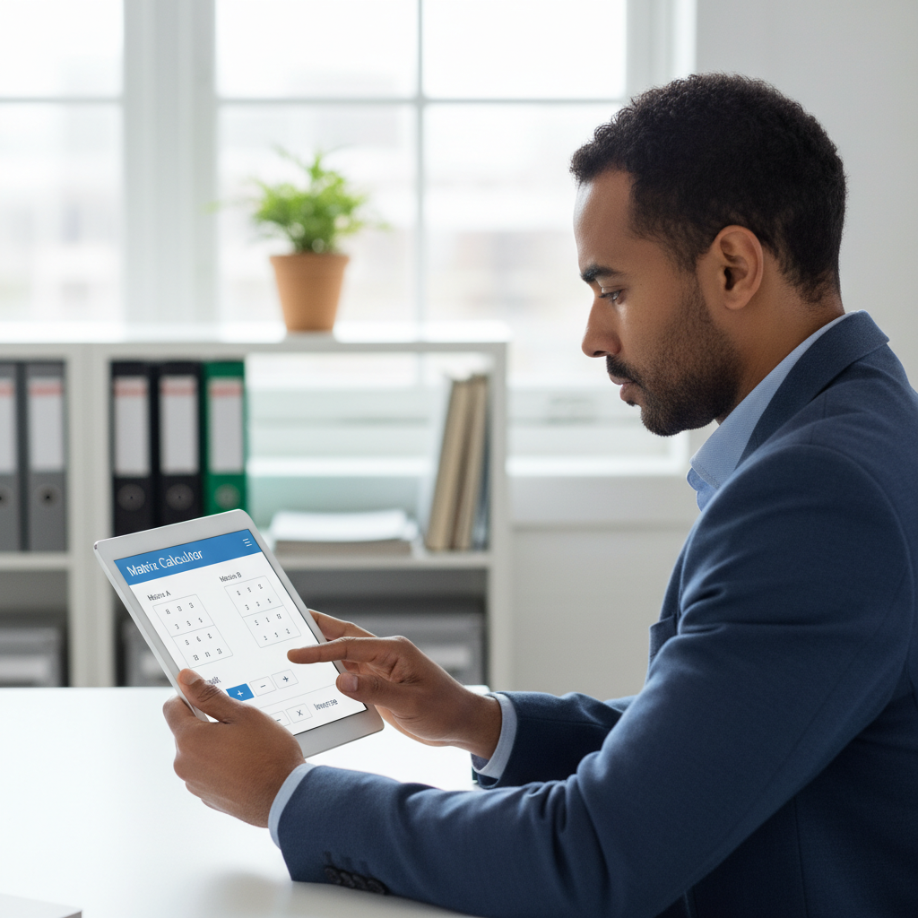 A person uses a tablet displaying the eLearnSmart matrix calculator interface.