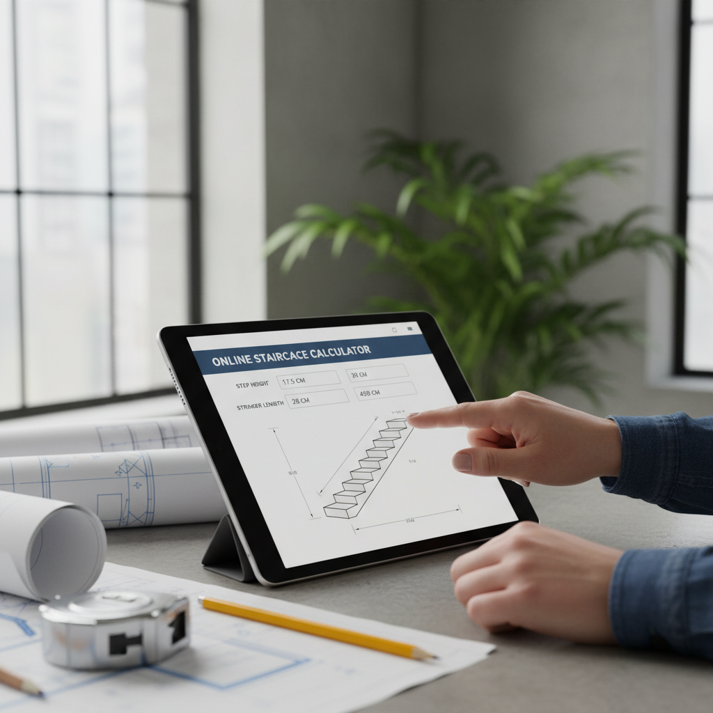 A person using a digital tablet to calculate staircase dimensions, displaying measurements for steps and stringers, in a professional planning environment.