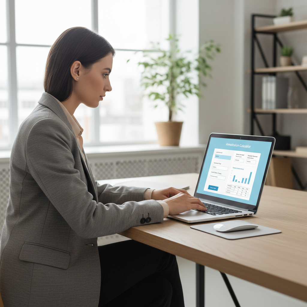 A person using a laptop to input data into an online amortization calculator.