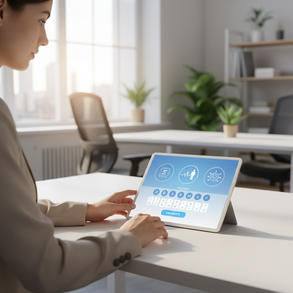 A person using a laptop with a comprehensive online calculator interface, representing various math, health, and AI tools.