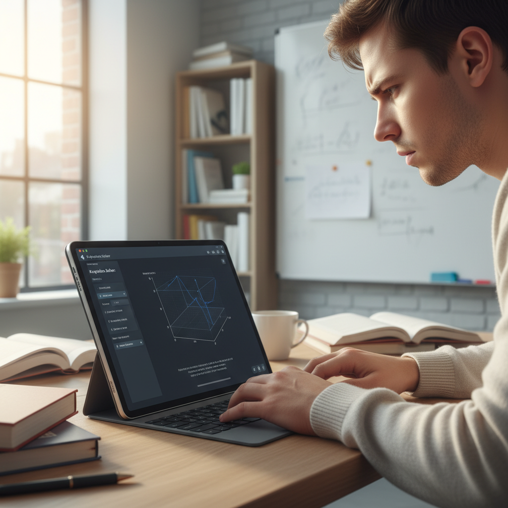 A person using a tablet to solve a complex mathematical equation with an intuitive, modern interface.
