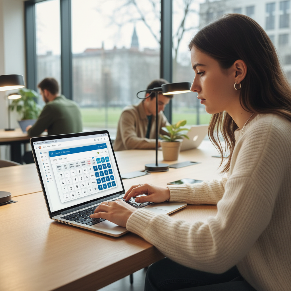 A person using an online scientific calculator on a laptop in a modern professional or academic setting.