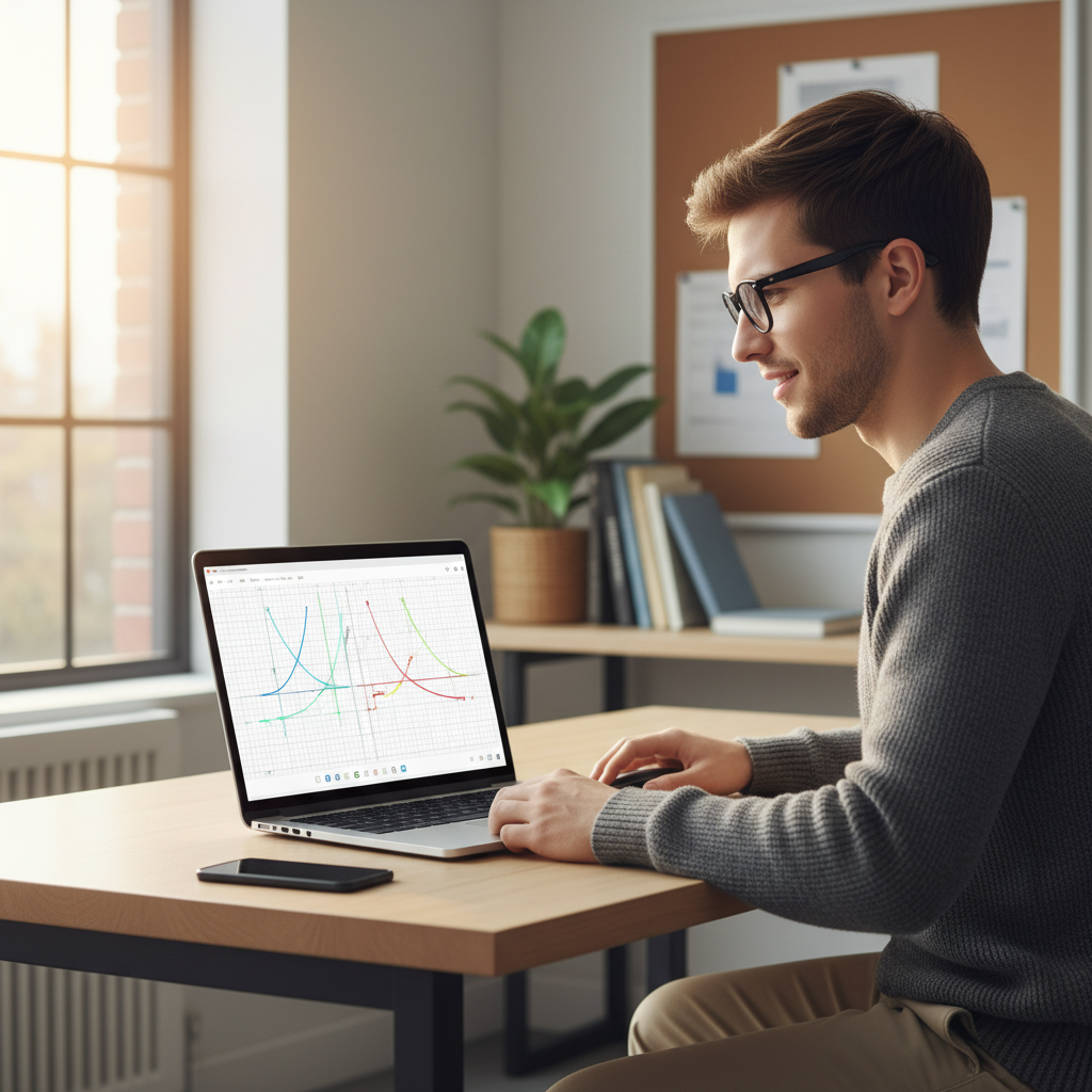 A person viewing a colorful algebraic graph on a laptop screen, demonstrating engagement with an online graphing calculator.
