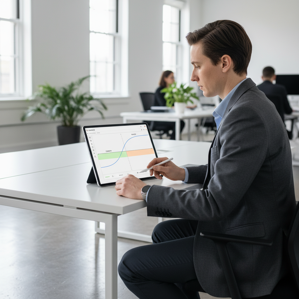 A person viewing a Desmos graph on a screen, with a function's domain and range visually highlighted.