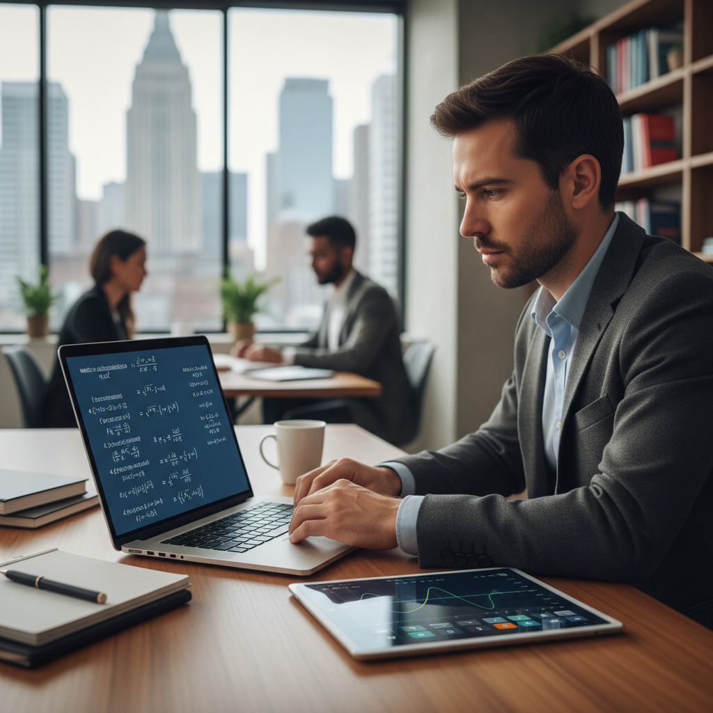 A person works on matrix diagonalization calculations using a laptop and a scientific calculator in a modern professional setting.