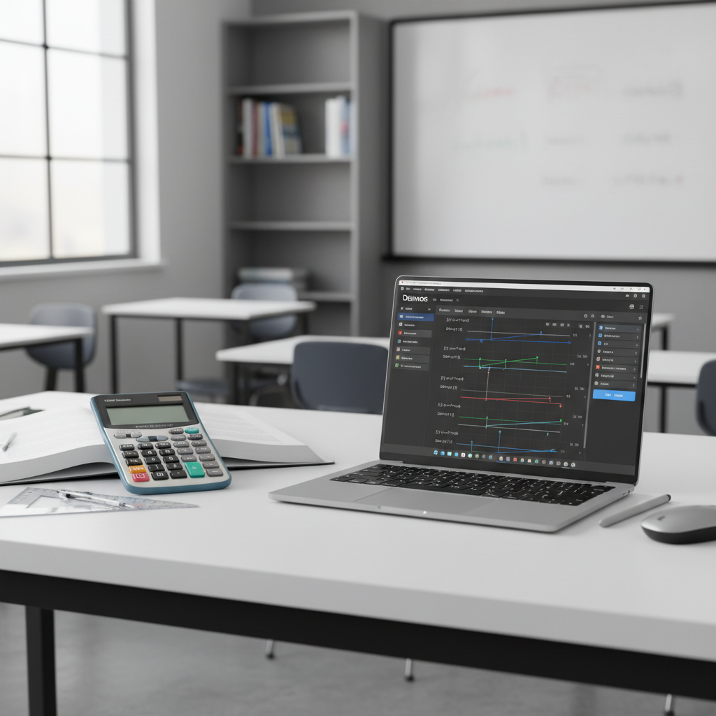 A physical TI-84 graphing calculator placed next to a laptop displaying the Desmos online graphing calculator, symbolizing a choice between two educational tools.