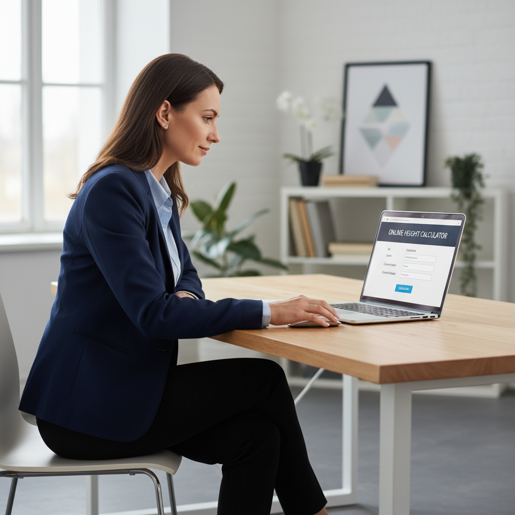 A professional adult woman using an online height calculator on her laptop.