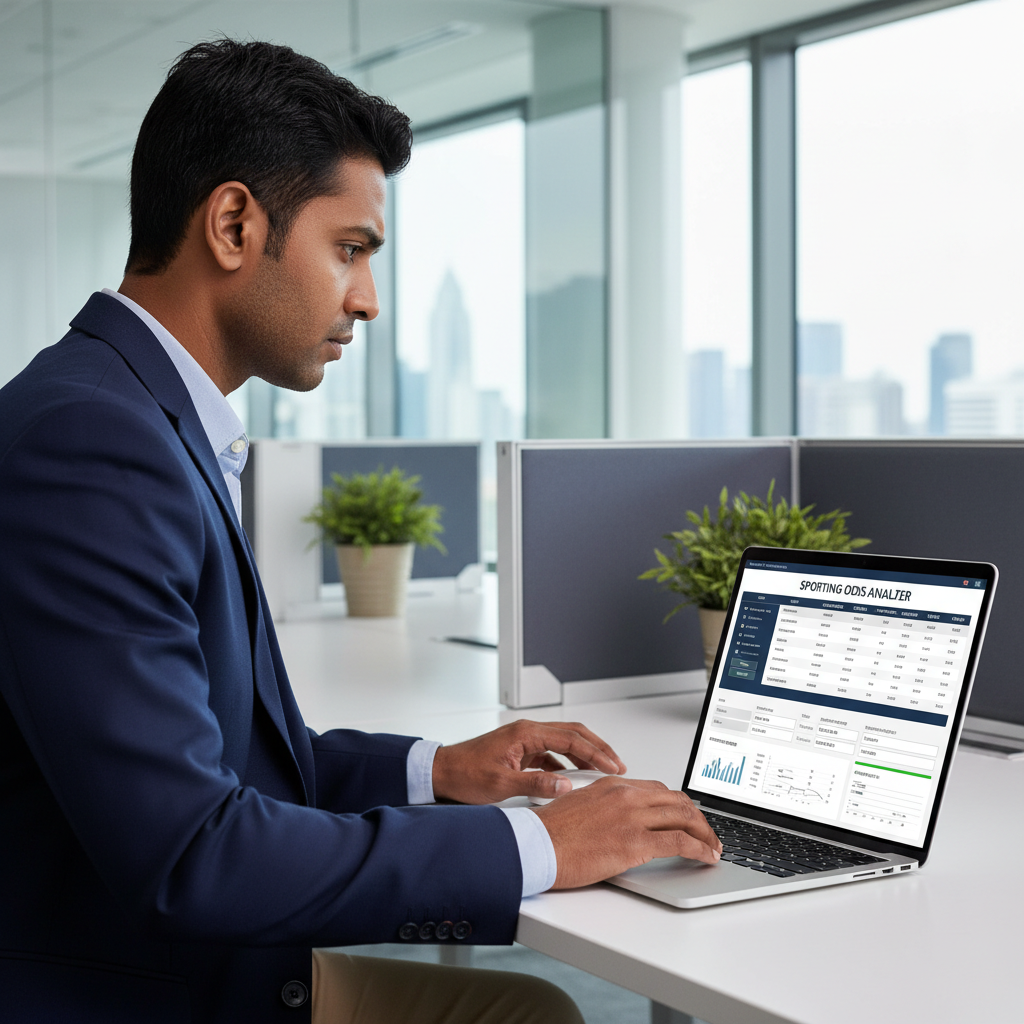 A professional analyzing betting odds using a digital calculator on a laptop.