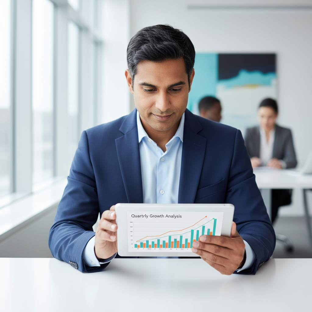 A professional analyzing data on a tablet, symbolizing understanding and importance of data insights.