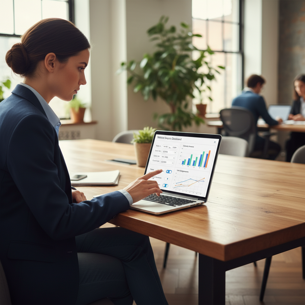 A professional analyzing statistical data on a tablet with a calculator interface in a modern office.