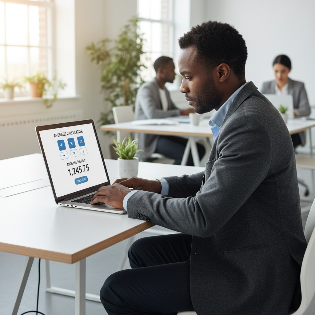 A professional demonstrates using an online average calculator on a tablet.