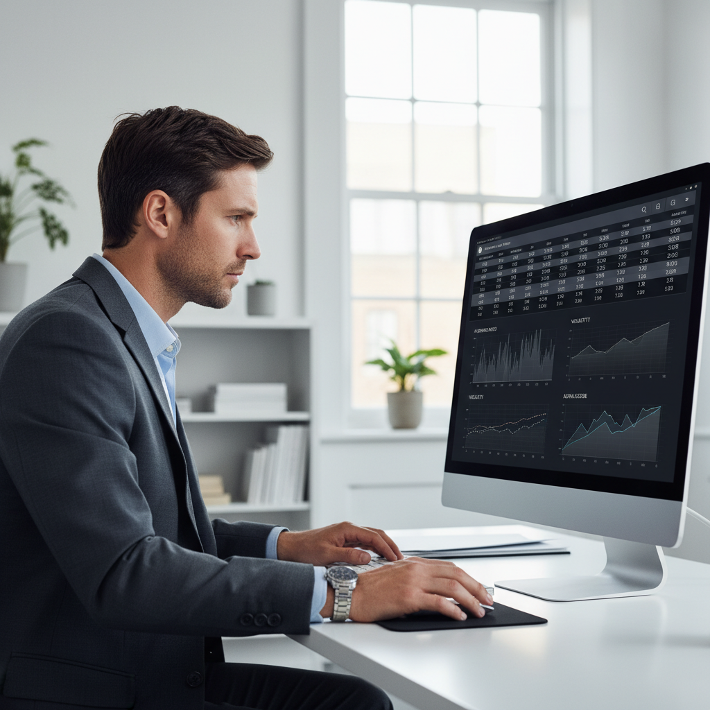 A professional engineer or analyst intently focused on an online RPN calculator interface on a computer screen in a modern office, symbolizing efficient scientific and financial calculations.