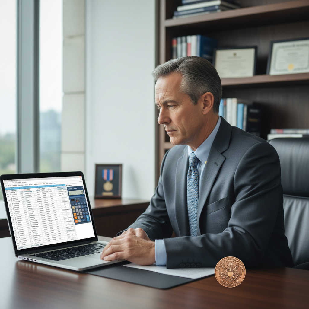 A professional image of a person reviewing military retirement financial calculations on a laptop.