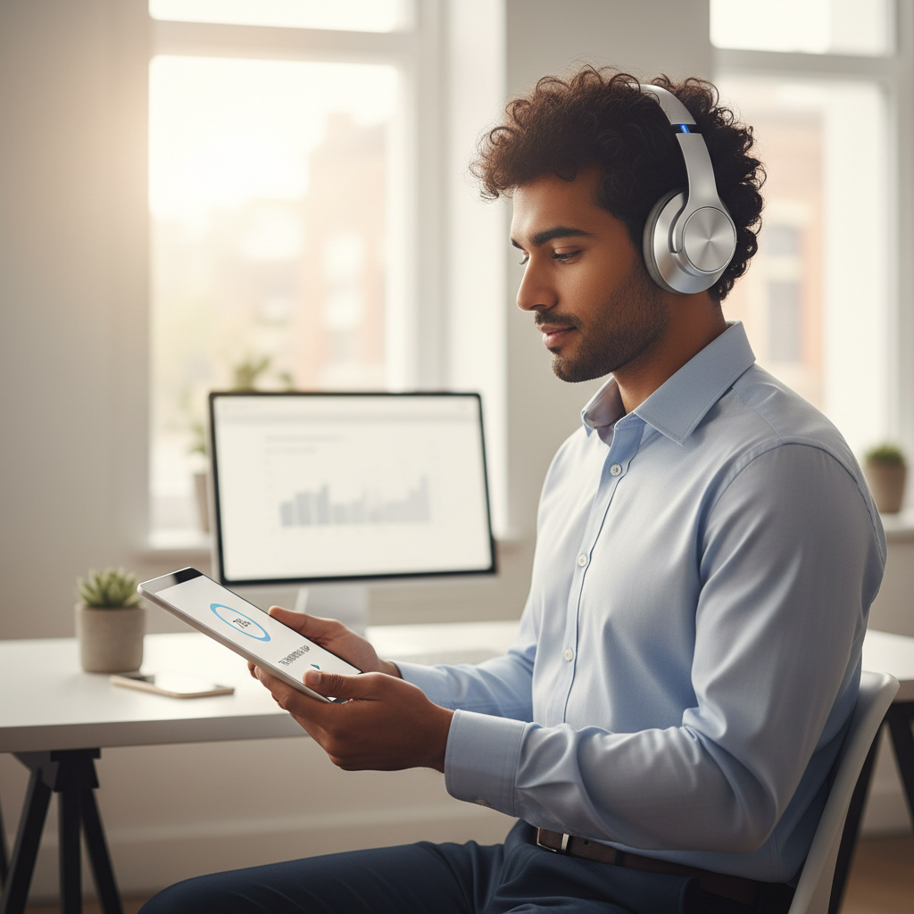 A professional listening to an audiobook on a tablet, with a progress bar visible, symbolizing easy tracking of reading progress.