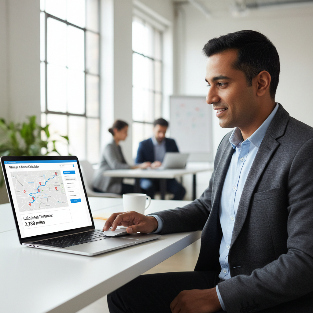 A professional looking person using an online mileage calculator on a laptop, displaying a map and route.