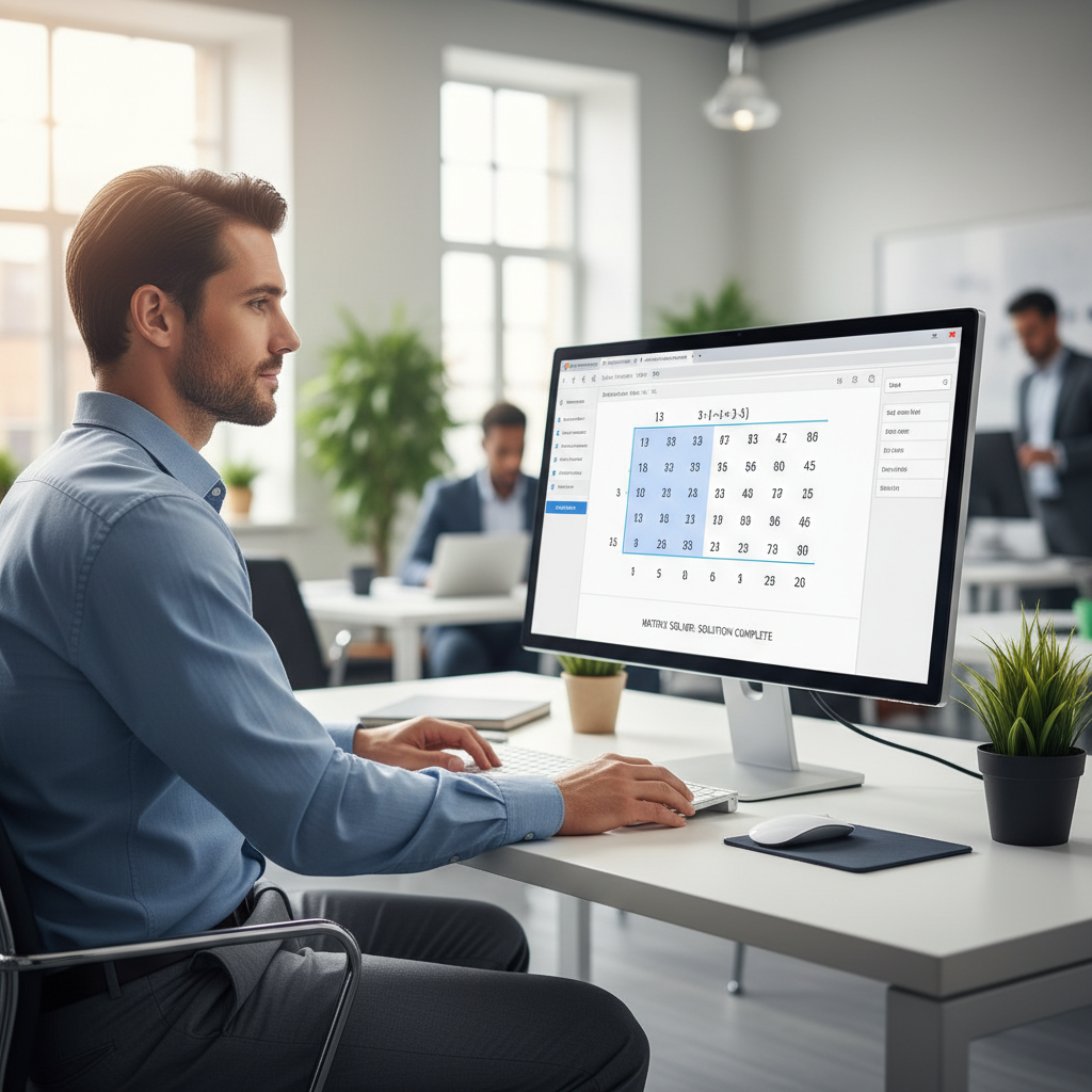 A professional man at a computer screen, reviewing a solved 3x3 matrix calculation on an online solver.