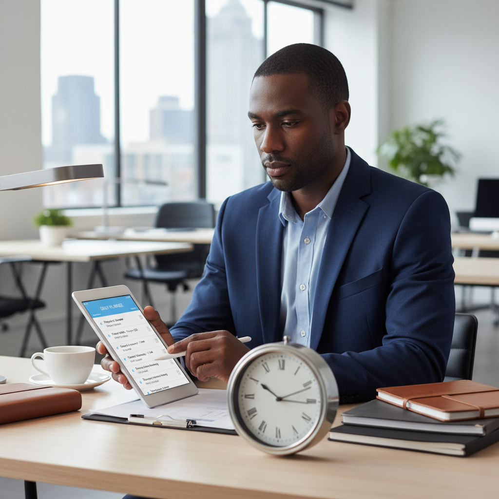A professional man efficiently manages his time and tasks using a digital planner at his desk.
