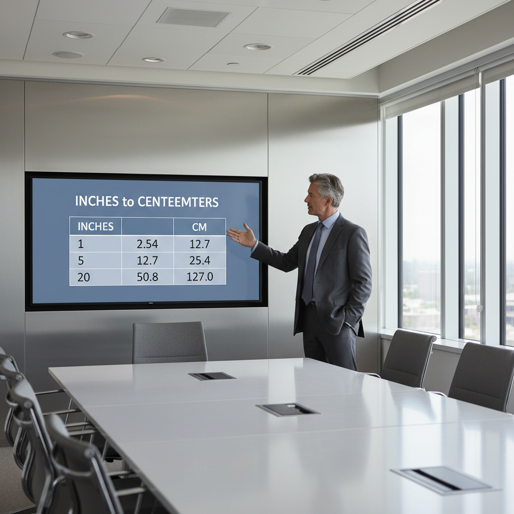 A professional man presenting a digital inches to centimeters conversion chart on a large screen in a modern conference room.