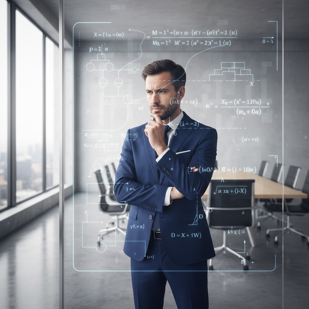 A professional man thoughtfully observing mathematical matrix equations displayed on a screen.