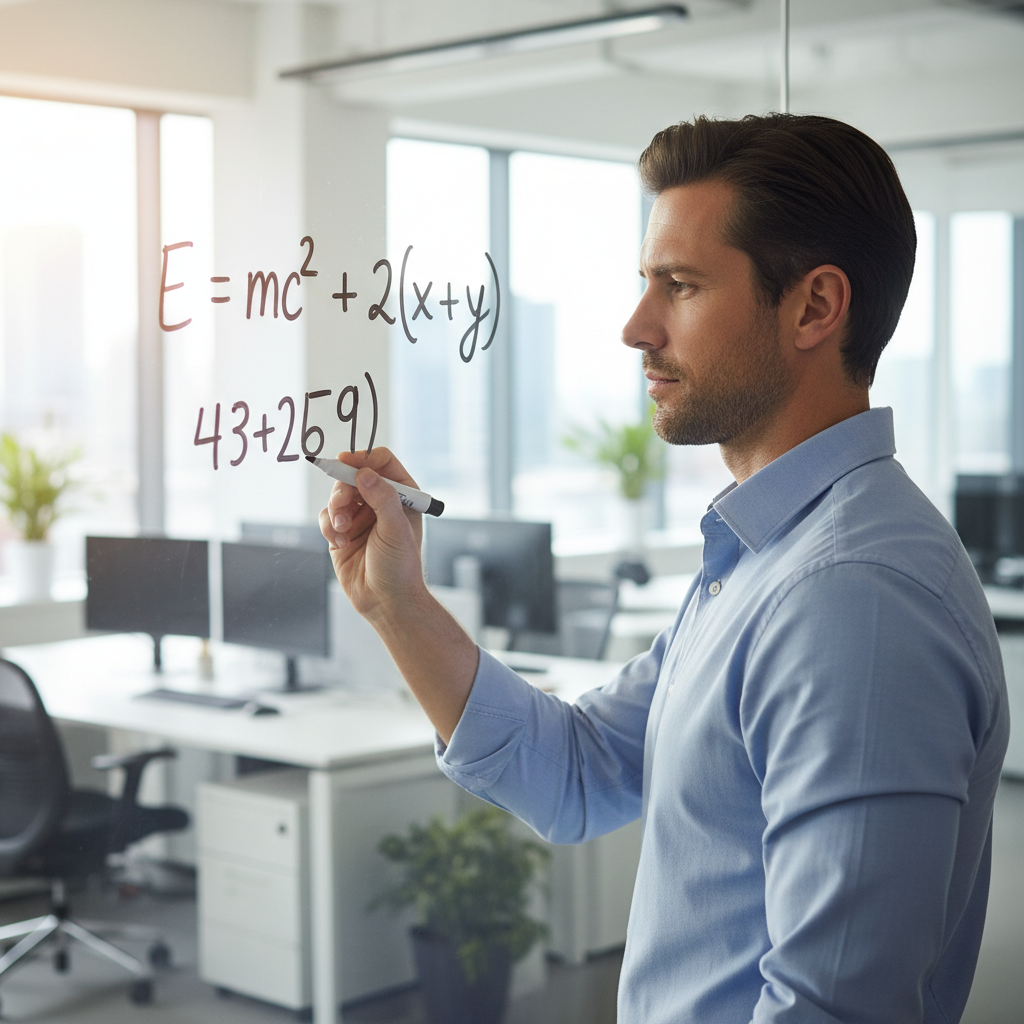 A professional man writes a calculation on a glass whiteboard.