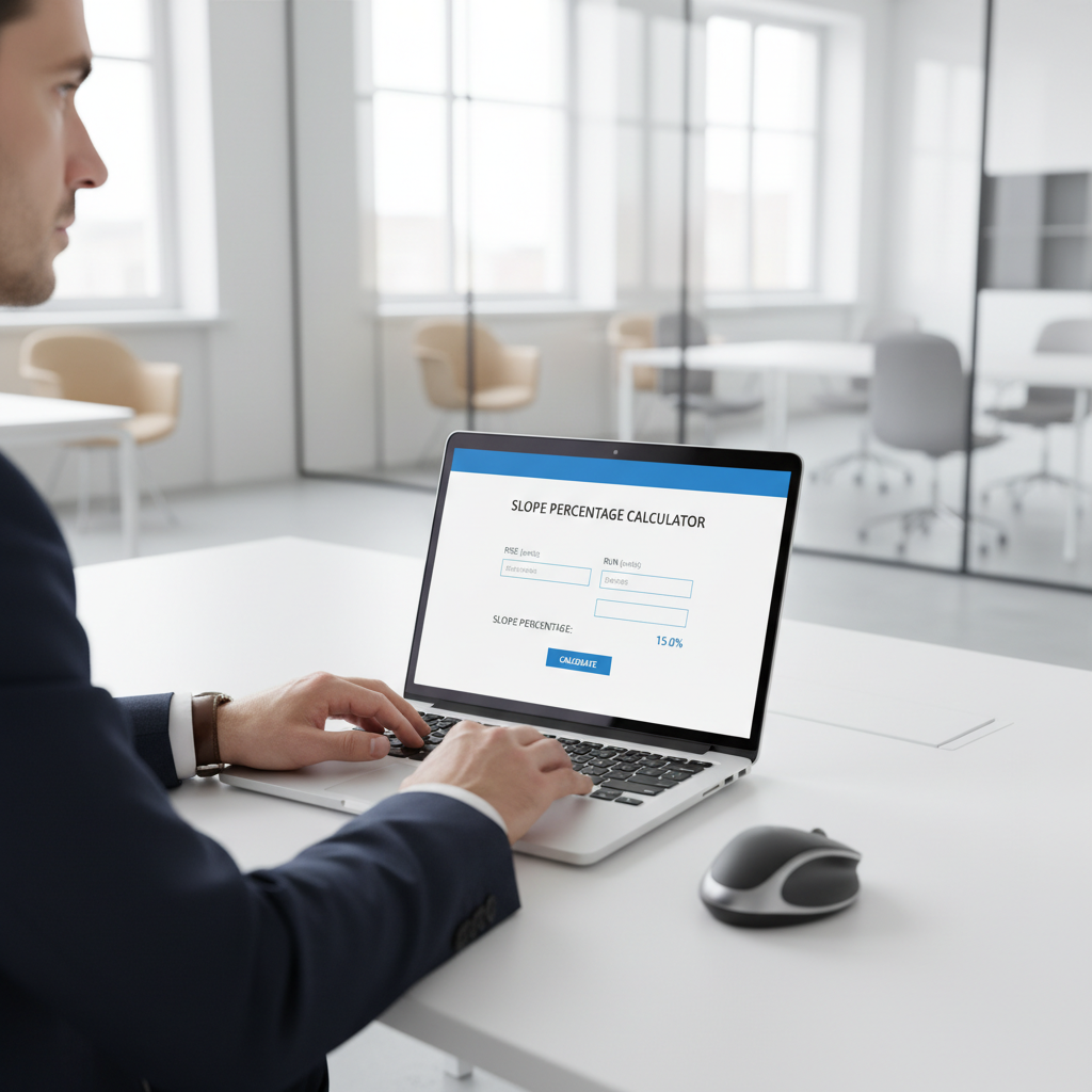 A professional operating a laptop, with an online slope percentage calculator displayed prominently on the screen.