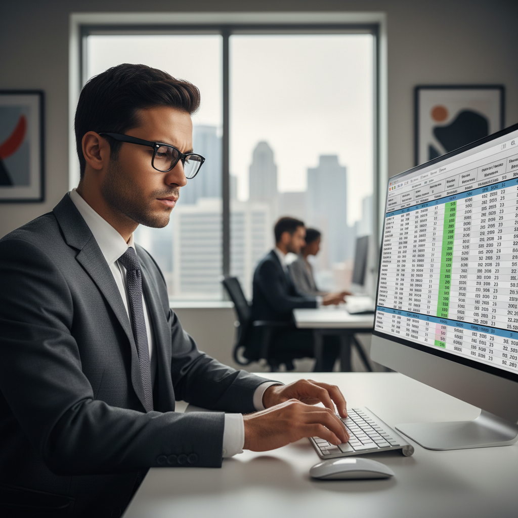 A professional person analyzing data and converting probability to odds on a computer screen in a modern office.