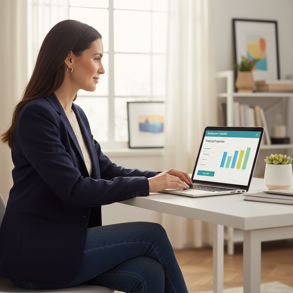 A professional person confidently using an online loan amortization calculator on their laptop, symbolizing smart financial planning and clarity.