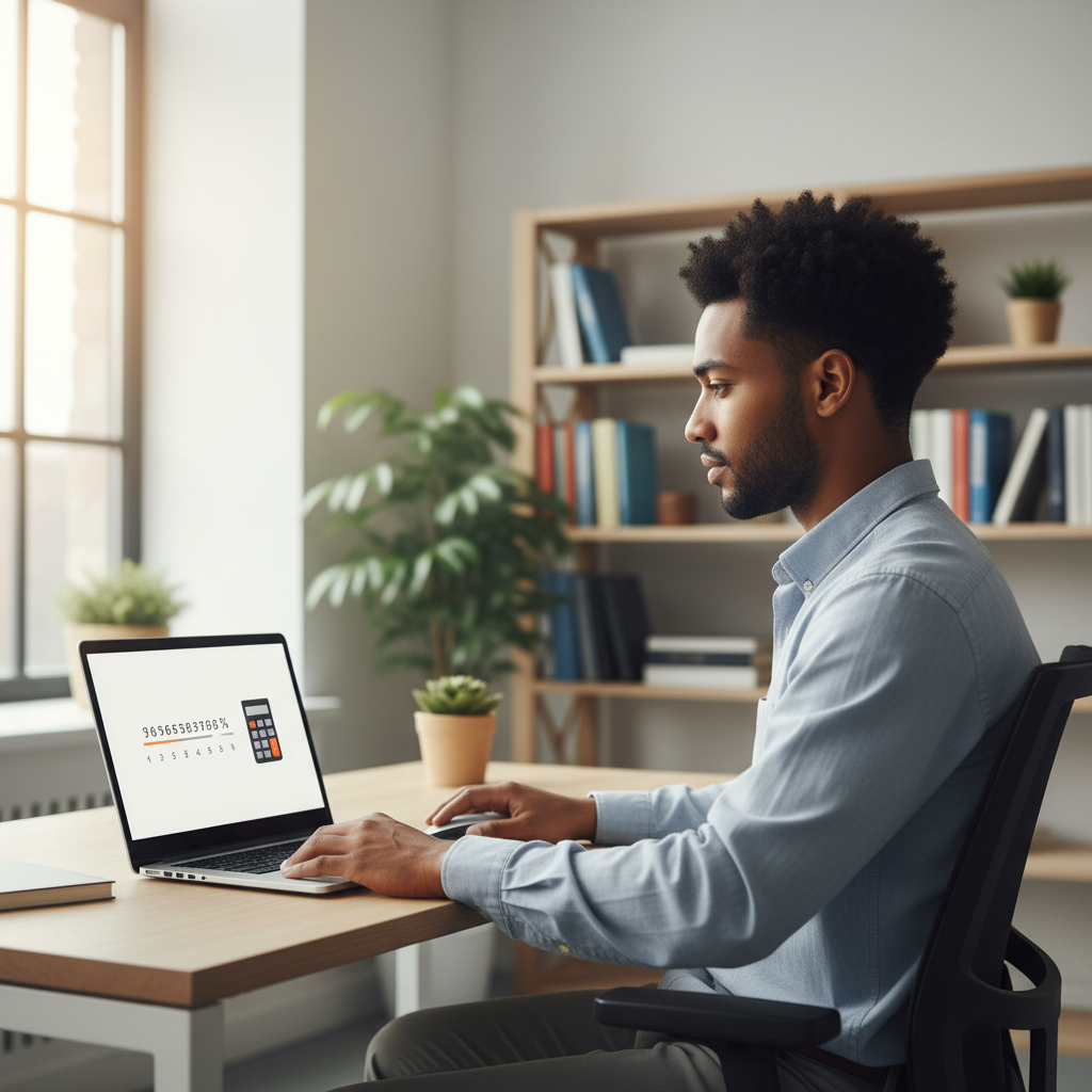 A professional person or student focused on a laptop screen, reviewing exam scores or calculating percentages.