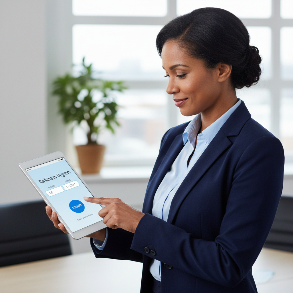 A professional person using an online radians to degrees calculator on a laptop in a modern office.