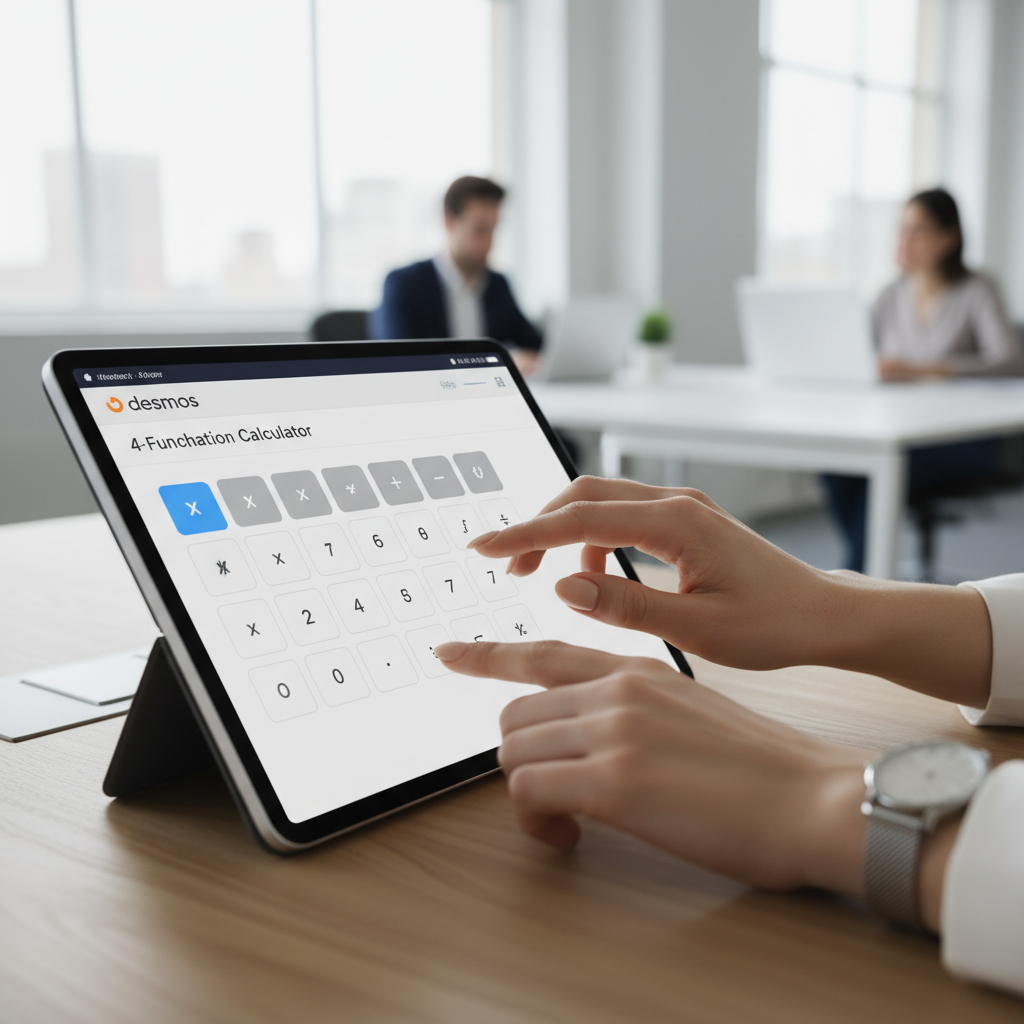 A professional's hands demonstrate using the Desmos 4 Function Calculator on a laptop.